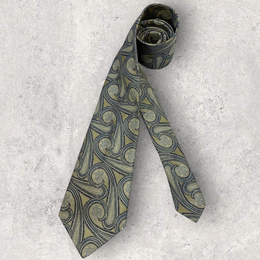 SERICA XL Gold/Blue/Silver Paisley Silk LUXURY Tie HANDMADE ITALY